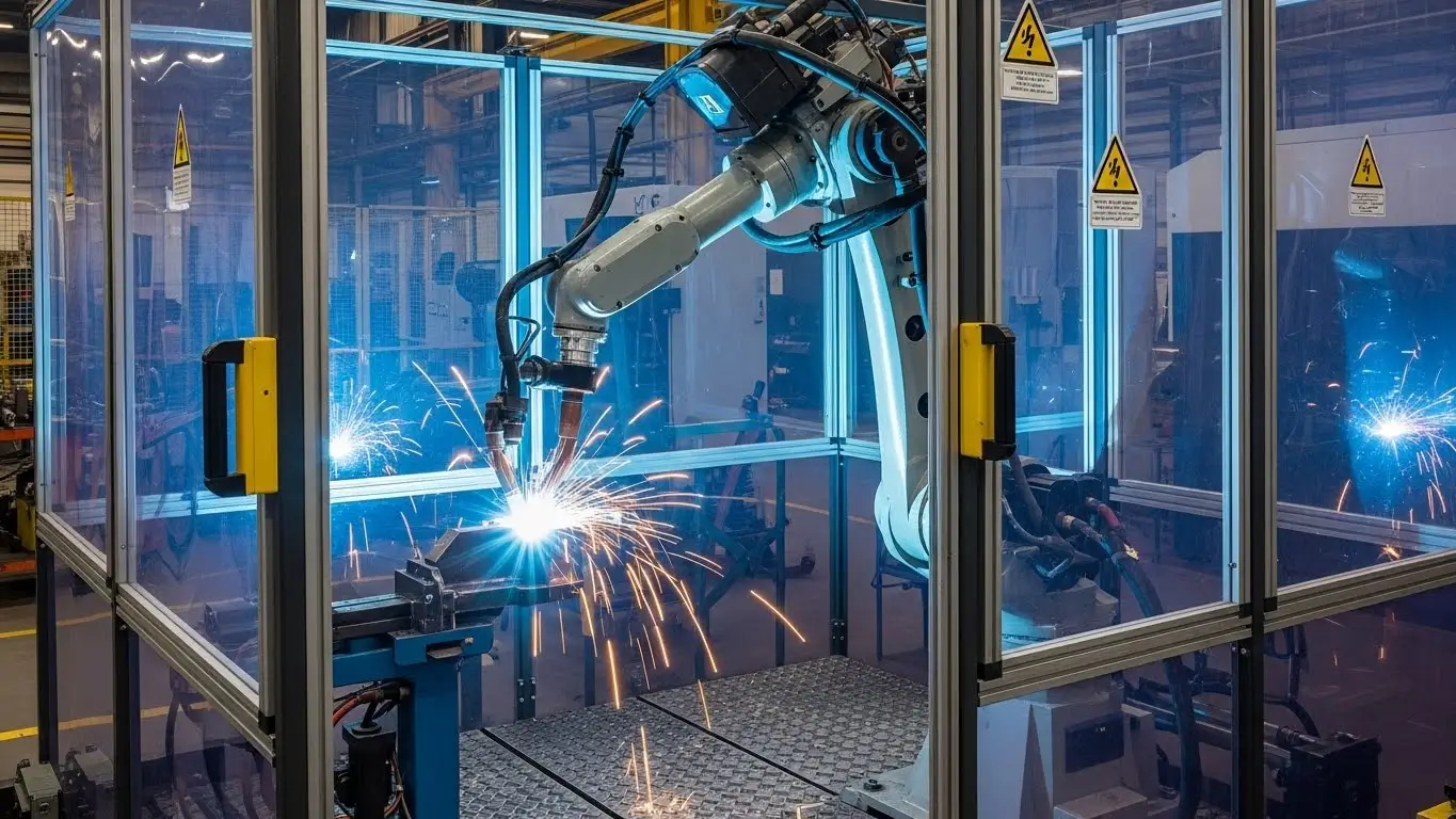 安全囲い付きの産業用ロボット溶接機